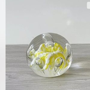Art Glass Paperweight Orb White & Yellow Floral